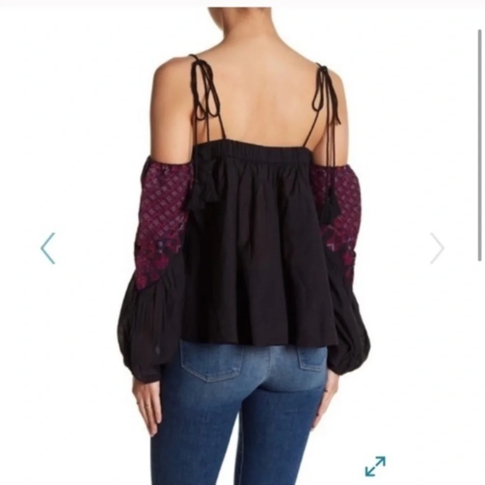 NWT Free People XS Embroidered Cold Shoulder Boho Peasant Top Black Purple